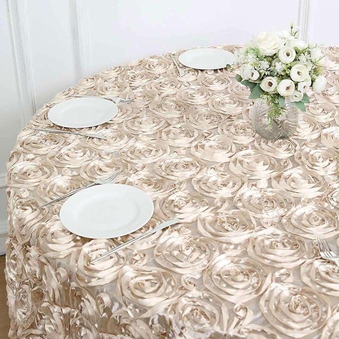 Efavormart 120" Beige Grandiose 3D Rosette Satin Round Tablecloth for Wedding Party Event Decoration