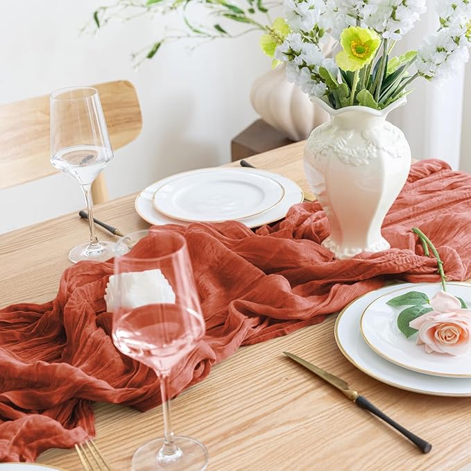 Asee'm 3pcs Cheesecloth Table Runner 120 Inches Long Terracotta Boho Gauze Cheese Cloth Runner 10FT Rustic Sheer Fall Table Runners for Thanksgiving Christmas Wedding Party Baby Shower Decoration