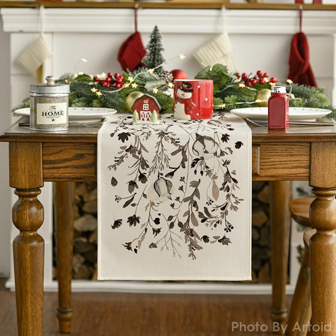 Artoid Mode Leaves and Flowers Cotton 210 GSM Winter Table Runner, Seasonal Christmas Kitchen Dining Table Decoration for Home Party Decor 13x90 Inch