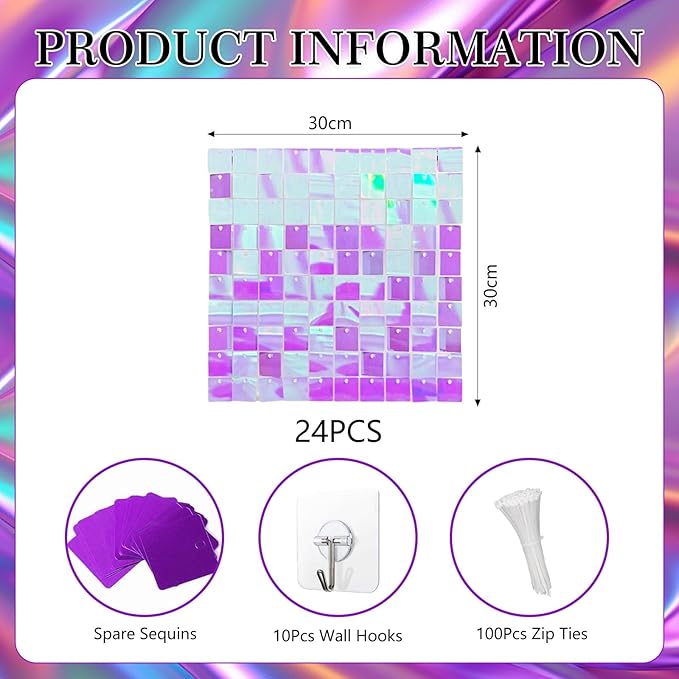 24PCS Colorful Purple Shimmer Wall Backdrop, Square Sequin Photo Backdrops Panel, Glitter Wall Background for Birthdays, Weddings, Christmas, Engagements, Disco Bachelorette Party Decor (3FTx4FT)