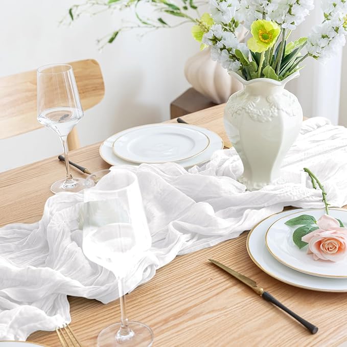 Asee'm 3pcs Cheesecloth Table Runner 120 Inches Long Ivory Boho Gauze Cheese Cloth Runner 10FT Rustic Sheer Table Runners for Christmas Wedding Party Baby Shower Spring Easter Decoration