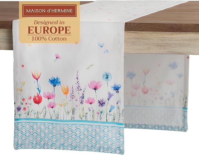 Maison d' Hermine Table Runner 100% Cotton Single Layer Table Runners 108 inches Long Decorative for Home Kitchen Dining Party Wedding Bridal Shower Spring Summer (Flower in The Field, 14.50" x 108")