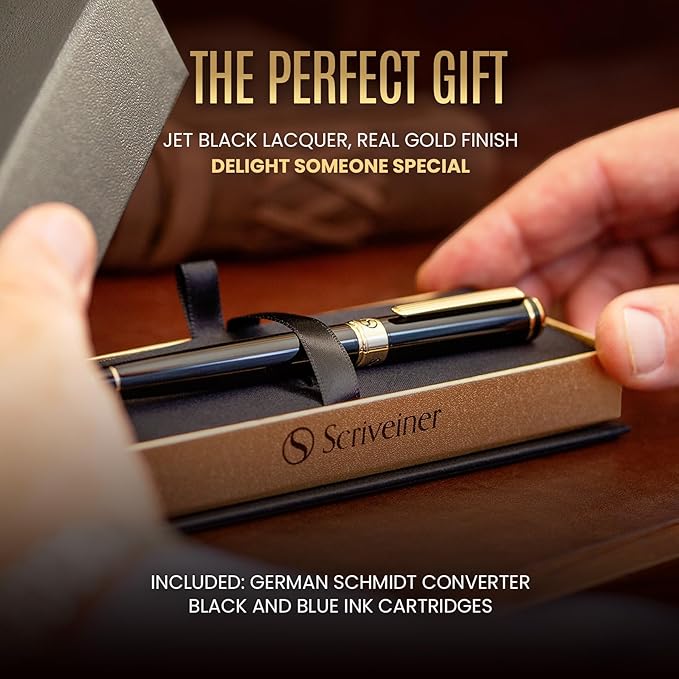 Scriveiner Black Lacquer Fountain Pen - Stunning Luxury Pen, Real Gold Plating, Schmidt Gilded Nib (Fine), Best Pen Gift Set for Men & Women, Professional, Executive, Office, Nice Pens