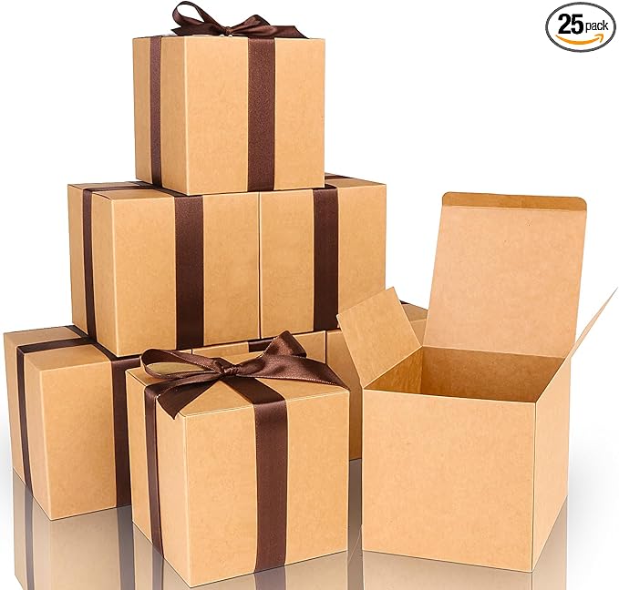 COTOPHER Small Gift Boxes 25 Pack 6x6x6 inches Brown Gift Boxes with Lids for Gifts, Crafting, Wedding Party Favor, Cupcake Boxes, Candy, Bridesmaids Proposal Box with Ribbons and Stickers