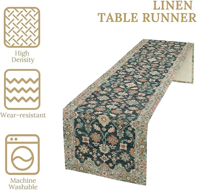 Vintage Boho Floral Table Runner, Rustic Country Farmhouse Blue Teal Red Bohemia Flower Pattern for Home Kitchen Table Decor Dining Coffee Room Party Decor 13x108in