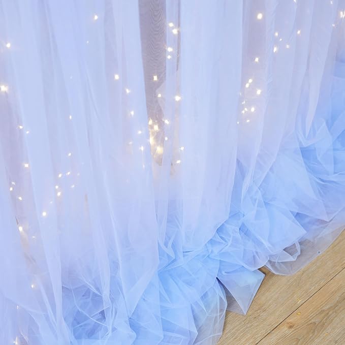 Blue Tulle Backdrop Curtains with Lights String for Parites Baby Shower 30×8ft Blue Sheer Backdrop Curtains Drapes for Bridal Shower Birthday Party Photo Shoot Background Decorations(6 Panels 5×8ft)