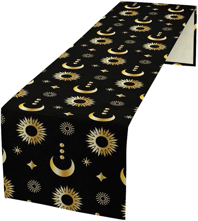 Magic Gold Sun Moon Stars Table Runner Mystical Farmhouse Rustic TableRunner for Party Holiday Dining Room Kitchen 13x36 Inch