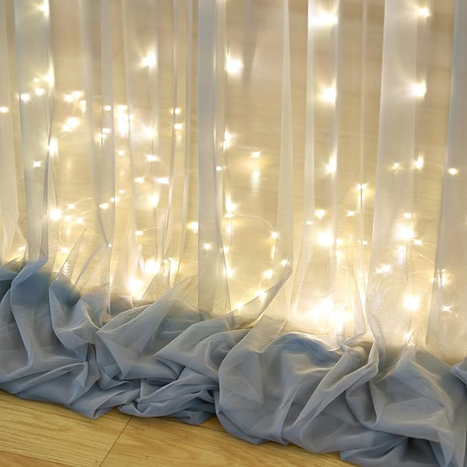Silver Grey Tulle Backdrop Curtain with Lights String for Parites 10x10ft Sheer Backdrop Curtains for Birthday Party Bridal Shower Baby Shower Wedding Ceremony Prom Photo Booth Background Decorations