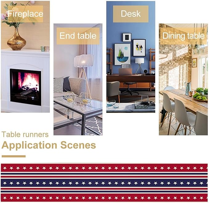 4th of July Table Runner, USA Flag Stars Stripes American Independence Day Red Blue White Stars Lines Print Table Cover for Farmhouse Kitchen Indoor Outdoor Home Party, 13x120inch