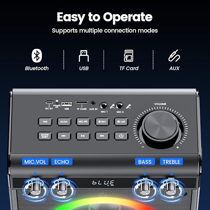 Karaoke Machine with 2 Wireless Microphones, Portable Bluetooth Speaker for Adults Kids with Bass Treble Echo PA System with Remote,LED Light, Supports TF Card,USB,AUX in,TWS,FM,REC for Party