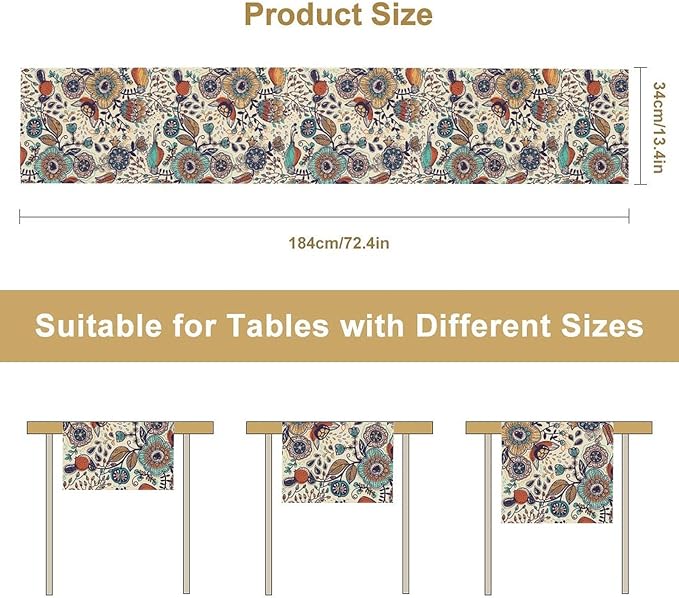Boho Floral Table Runner,Vintage Flowers Tropical Plants Country Style Table Cloth Kitchen Dining Table Home Party Decoration 13x108 Inch