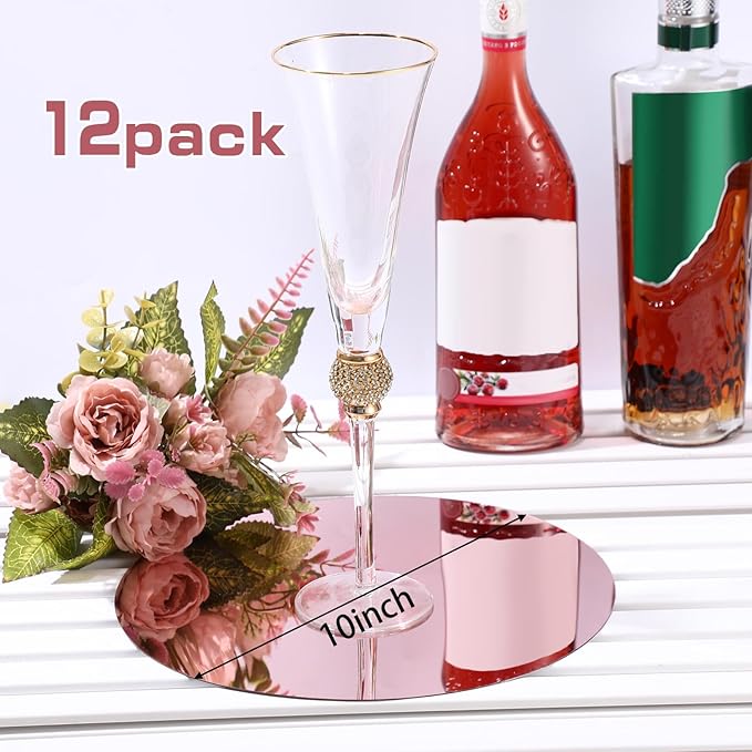 Thyle 12 Pcs 10 Inch Acrylic Round Mirrors for Tables Centerpieces Circle Mirrors Candle Plates for Wall Wedding Table Centerpieces for Baby Shower Party, Thickness 1 mm (Rose Gold)