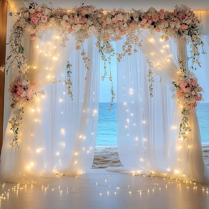 Tulle Backdrop Curtain with Lights String 10FT X 8FT White Sheer Tulle Backdrop Curtains for Wedding Birthday Party Reception Photo Booth Background Decorations (2 Panels 5x8FT)