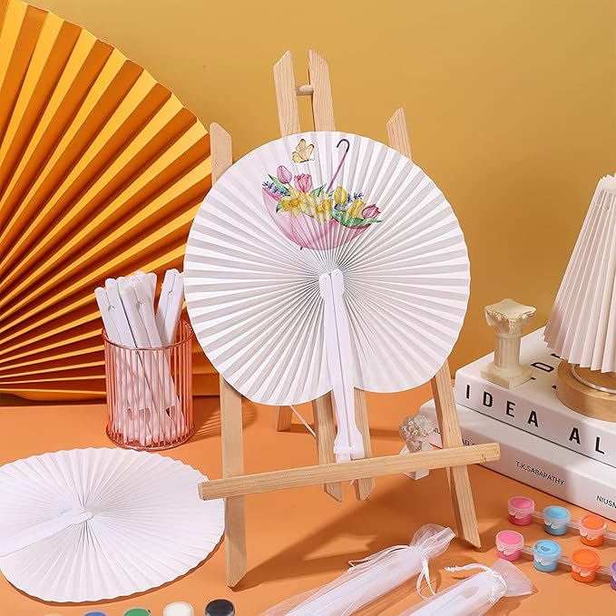 ZWIN 48 Pcs Paper Fans Wedding Paper Fans for Guests Pocket Folding Paper Fans with Plastic Handle White Blank Paper Fans for Guests Celebartion Party Decoration