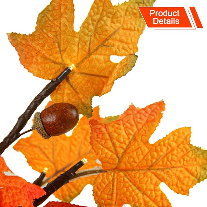 18 Inch Fall Lighted Maple Tree with 36 LEDs, 6 Acorns, Timer Battery Operated Tabletop Artificial Tree for Autumn Thanksgiving Halloween Christmas Harvest Indoor Decorations