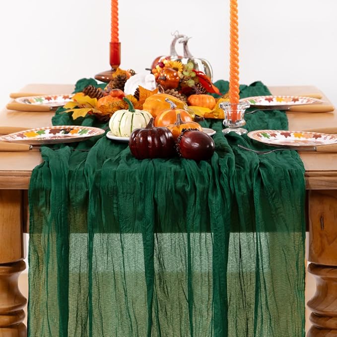 Emerald Green Cheesecloth Table Runner 10 Pack Fall Table Runners Boho Gauze 120 Inches Green Cheese Cloth Fall Table Decorations for Thanksgiving Wedding Bridal Baby Shower Tea Party
