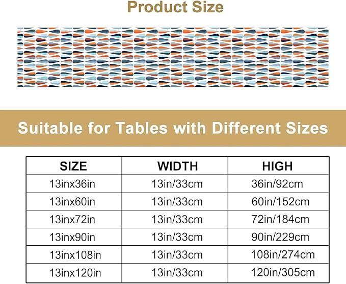 Mid Century Table Runner, Modern Style Retro Pattern Droplet Shapes Mosaic Tones Pattern Print for Home Kitchen Table Decor Dining Coffee Room Party Decor 13x108in
