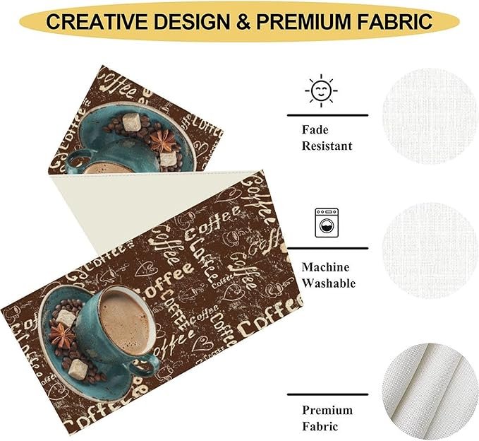 Coffee Theme Table Runner, Farmhouse Retro Brown Coffee Cup Tea Party Rustic Cafe Table Center Decor for Home Kitchen Dining Patio Holiday Party Indoor Outdoor Table Decorations,13"x90" Inch