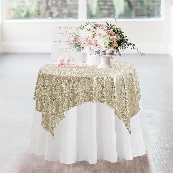 Square Champagne Sequin Tablecloth- 50x50 inch, Seamless Sparkle and Glitter Party Table Cloth, Shiny&Elegant Table Overlays for Wedding Birthday Ceremony Prom Decorations