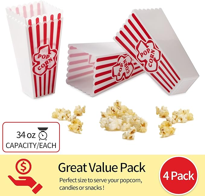 Plastic Popcorn Containers Red & White Striped Retro Style Reusable Popcorn Boxes for Movie Night 4”x8” (4 Pack)