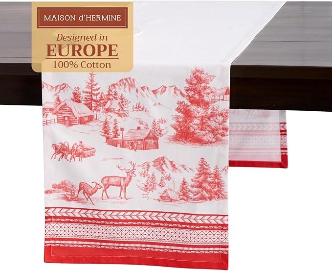 Maison d' Hermine Table Runner 100% Cotton Single Layer Table Runners 108 inches Long for Thanksgiving Christmas Decorations Home Kitchen Dining Party Wedding (Winter Jouy, 14.5" x 108")
