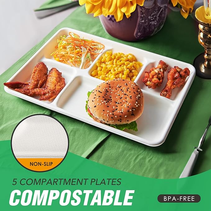 Gezond 100% Compostable 5 Compartment Plates 12.5 * 8.6 Inch, 100 Pack Disposable School Lunch Trays, Eco-Friendly Sugarcane Plates for Party Buffet Lunch Dinner