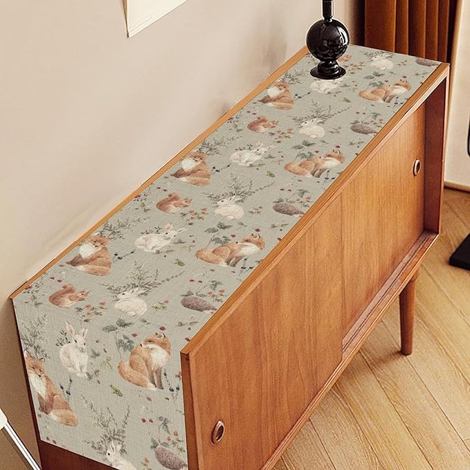 Rustic Woodland Table Runner, Farmhouse Forest Animals Country Lodge Wild Hunt Deer Fox Table Center Decor for Home Kitchen Dining Patio Holiday Party Indoor Outdoor Table Decorations, 13"x108" Inch