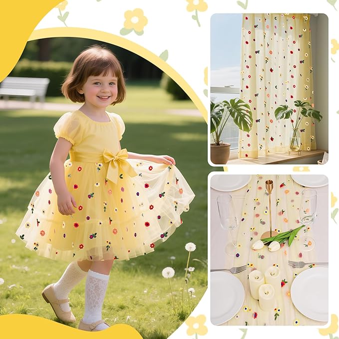 BINBE 3pcs Daisy Fall Table Runner Embroidery Gauze 10FT Florals Seasonal Tulle Holiday Birthday Kitchen Dining Table Decor for Home Party Yellow