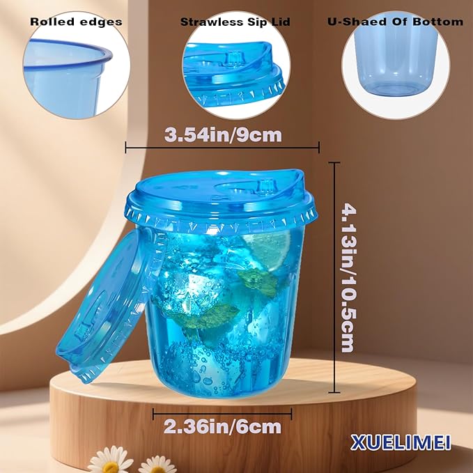 12oz Disposable Stemless Glasses With Strawless Sip Lids,PET Disposable Drinking Cups,Clear Plastic Wine Glasses for Parties Birthday,Wedding,Meeting,Christmas Party Supplies. (100, Blue)