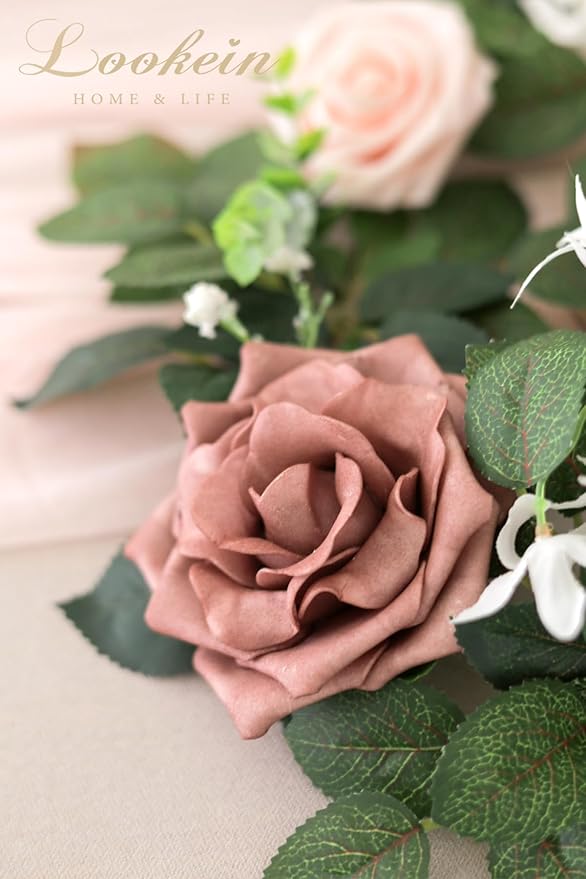 Lookein Artificial Rose Flower Garland Greenery Garland 5FT for Wedding Ceremony Backdrop Arch Flowers Table Centerpieces Decorations, Garden Dusty Rose