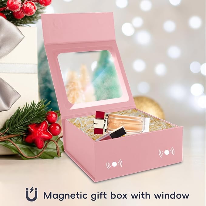 TIACABO Pink Gift Box with Window,7.5"x7.5"x3.1" Bridesmaid Boxe for Gifts Giving,Birthday Gift Boxes with Magnetic,Closure Lid Gifts Boxes for Presents,Cute Box,Luxury for Gift Packaging