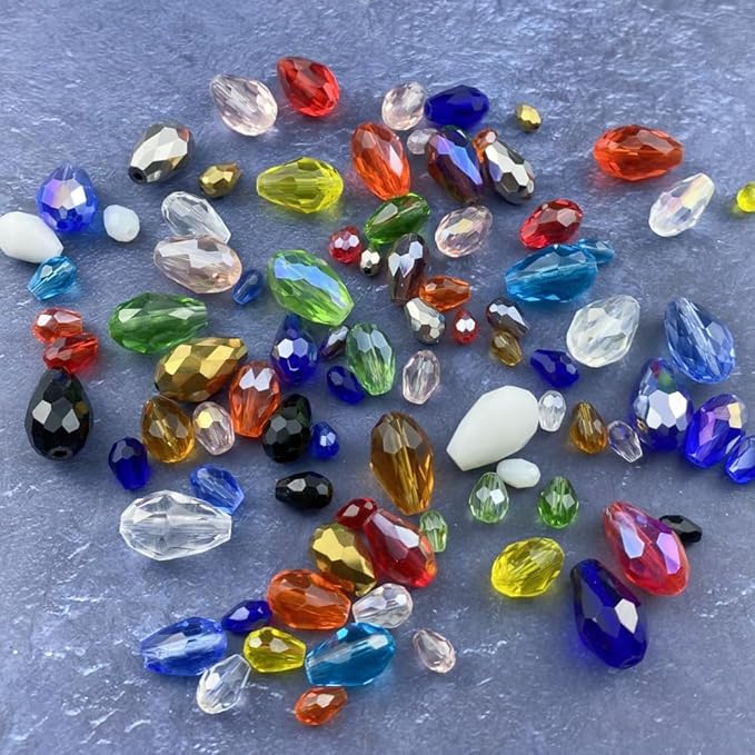 130pcs 6x8mm Teardrop Crystal Glass Beads Vertical Hole Faceted Glass Teardrop Spacer Beads for Bracelets Necklace Earring DIY Jewelry Making Craft(Lake Blue)