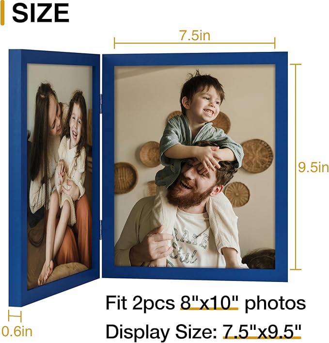 decorUhome Double 8x10 Picture Frame Vertical, Engineered Wood Bifold Photo Frame with Plexiglass for Tabletop Display, 8x10, Royal Blue