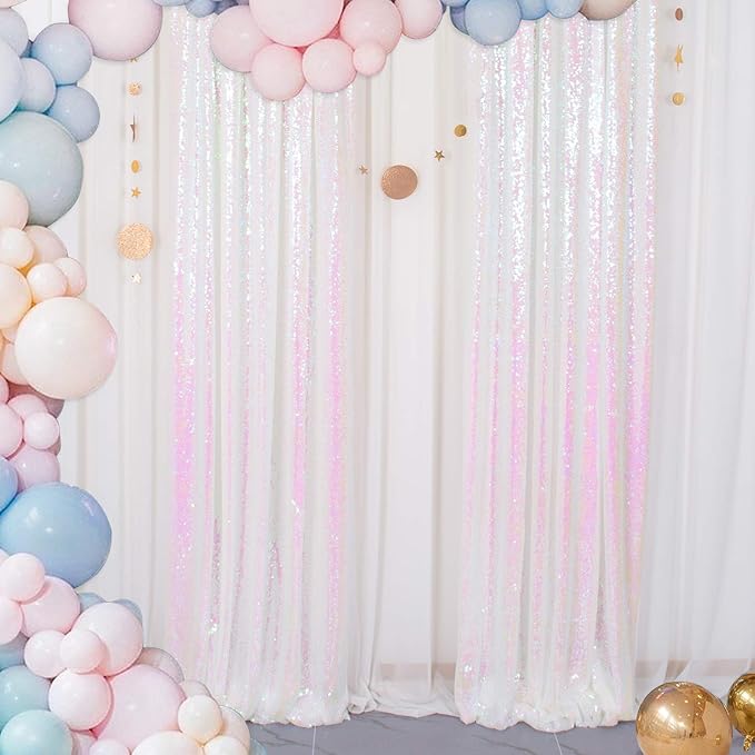 ShinyBeauty 8 Panels Iridescent White Sequin Backdrop | 2Ft x 8Ft Sparkly Photo Booth Background | Glitter Curtains for Baby Showers & Events | Durable & Elegant Shimmer Backdrop