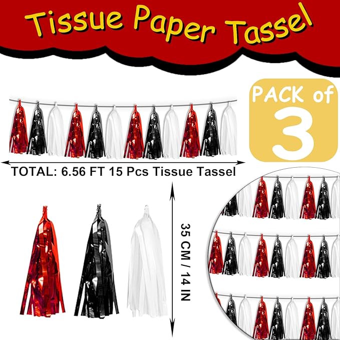 3P Black Red White Foil Fringe Tassel Banner Metallic Tinsel Streamer Garland Wall Curtain Backdrop for Parade Floats, Graduation, Halloween, Christmas, Father's Day Party Decorations