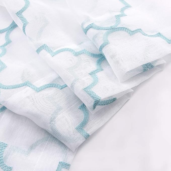 Embroidery Sheer Curtains Blue 63 Inch, Rod Pocket Voile Drapes for Living room, Bedroom, Window Treatments Moroccan Embroidery Semi Crinkle Curtain Panels for Yard, Patio, Villa, Set of 2, 52"x 63".
