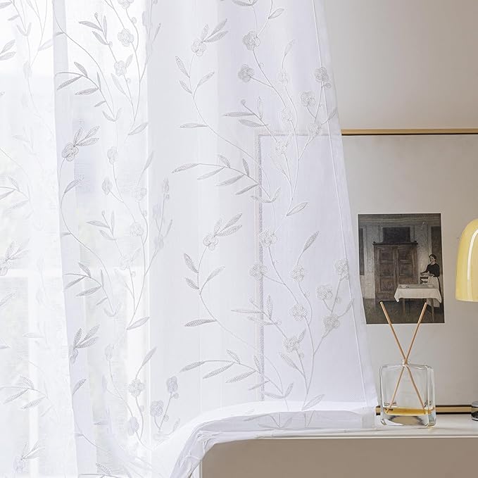 Embroidery Sheer Curtains White 95 Inches, Floral Pattern Window Treatments Rod Pocket Drapes for Living room, Bedroom, Semi Voile Curtain Panels for Yard, Patio, Villa, Parlor, Set of 2, 52"x 95".