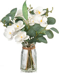 White Orchids Artificial Flowers with Vase Fake Flowers in Vase Artificial Eucalyptus Stems in Glass Vases with Faux Water Faux Orchid with Eucalyptus Leaves Arrangement for Dining Table Centerpiece