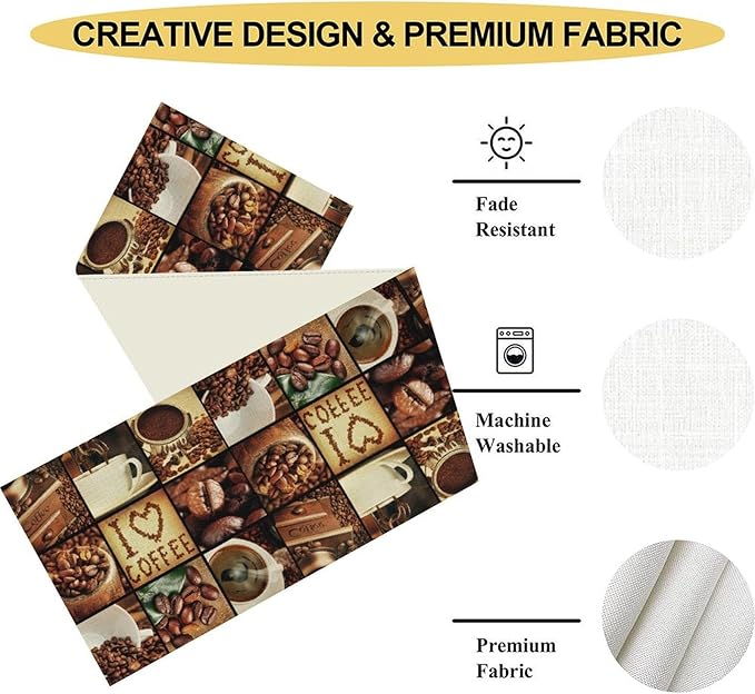 Coffee Theme Table Runner, Retro Farmhouse Coffee Cup Latte Cappuccino Tea Party Cafe Table Center Decor for Home Kitchen Dining Patio Holiday Party Indoor Outdoor Table Decorations,13"x36" Inch