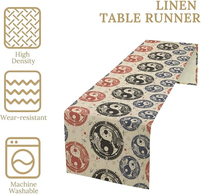 Yin Yang Table Runner, Vintage Mid Century Traditional Oriental Koi Fish Mystical Celestial Moon Stars Print Table Runner for Kitchen Dining Table Party Decor, 13x70inch