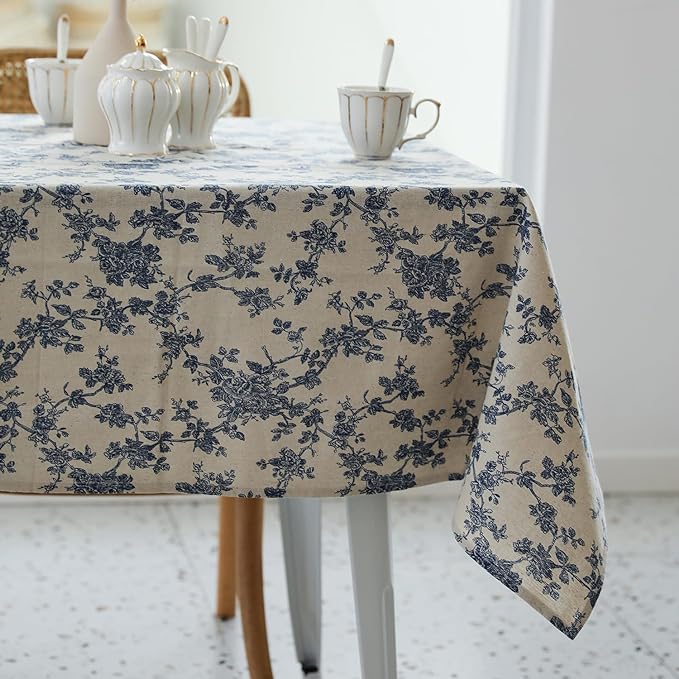 Pastoral Rectangle Tablecloth - 52 x 70 Inch - Beige Linen Table Cloth - Washable Table Cover with Dust-Proof Wrinkle Resistant for Restaurant, Picnic, Indoor and Outdoor Dining, Floral (Dark Blue)