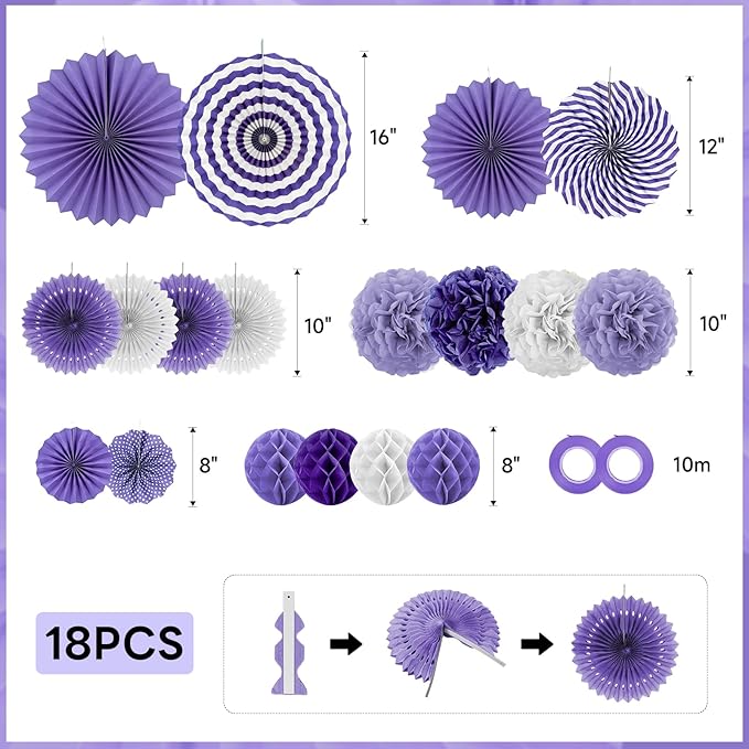 Purple Party Decorations,23Pcs Lavender Birthday Decorations with Hanging Paper Fans,Pom Poms Flowers Packs for Girls Women Birthday Party, Bridal Shower,Baby Showers,Wedding