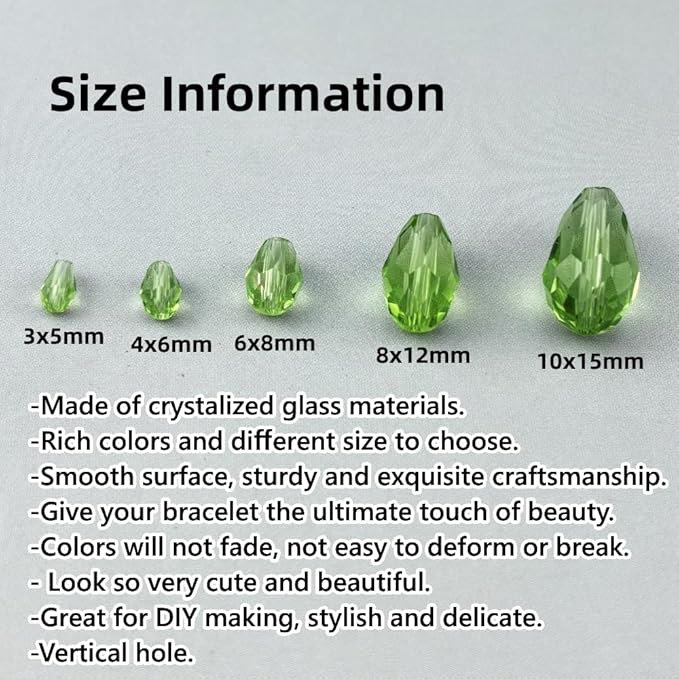 100pcs 8x12mm Teardrop Crystal Glass Beads for Jewelry Making, Faceted Vertical Hole Teardrop Glass Spacer Beads for Wind Chimes Bracelet Earring Necklace DIY Craft(Light Green)