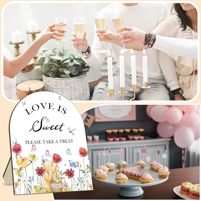 Winnie Decor Love is Sweet Sign, Floral Butterfly Decor Bridal Shower Welcome Sign, Classic Pooh Wedding Sign Bridal Shower Favors for Guests, Love is Sweet Please Take A Treat Sign 9 * 11IN
