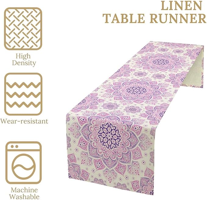 Purple Pink Mandala Table Runner, Traditional Indian Boho Mandala Flowers Print Table Runne for Kitchen Dining Table Office Wedding Party Holiday Home Decor, 13x90inch
