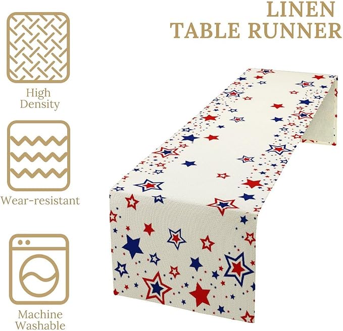 4th of July Table Runner, American Stars Patriotic Independence Day Table Runner for Indoor Outdoor Party Home Kitchen Dining Table Decor, Blue Red, 13x60inch