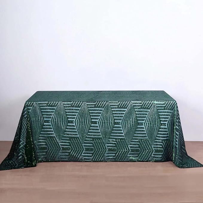Efavormart 90"X132" Hunter Emerald Green Sparkly Sequin Geometric Tulle Rectangular Tablecloth