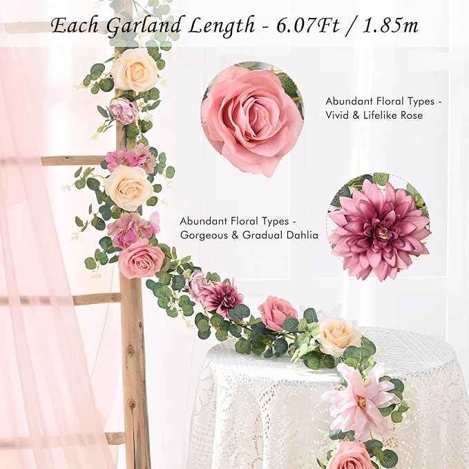 Waipfaru Flower Garland Decorations, 6.07Ft Pink Floral Rose Garland, Artificial Eucalyptus Greenery Vines with Flowers for Wedding Table Runner Centerpieces Backdrop Room Decor (Pink)