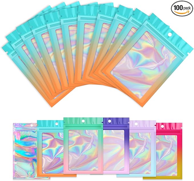 Funfery 100 Pcs Gradient Mylar Holographic Bags,Clear Window Smell Proof Foil Bag Sealing Resealable Bags with Zipper,Packaging Bag for Food Storage,Jewelry,Business Supplies(3.5×4.7in,Blue Orange)
