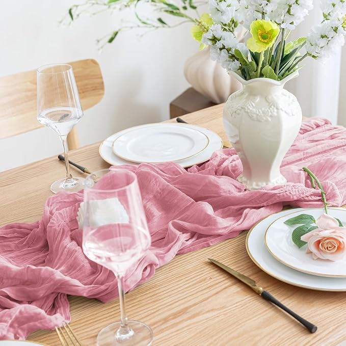 Asee'm 6pcs Cheesecloth Table Runner 120 Inches Long Pink Boho Gauze Cheese Cloth Runner 10FT Rustic Sheer Table Runners for Christmas Wedding Party Baby Shower Spring Easter Decoration